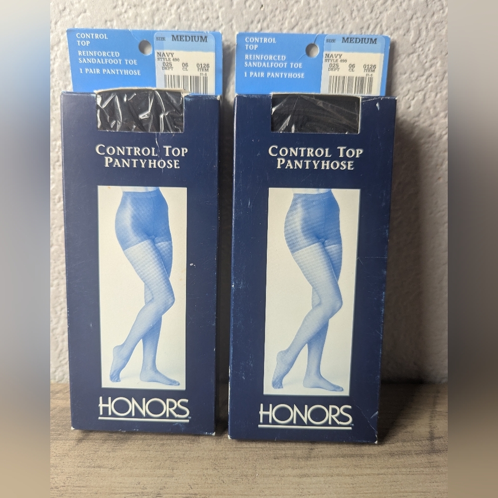 Vintage 1992 Honors Control Top Pantyhose Navy Medium Sandalfoot NOS Made in USA